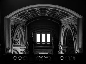 grayscale photo of concrete building