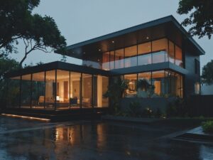 A house with a lot of windows and a lot of trees