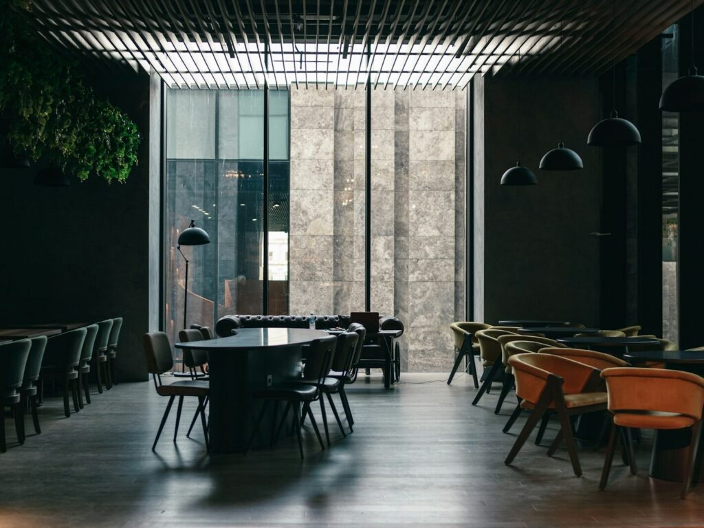 a room with tables and chairs