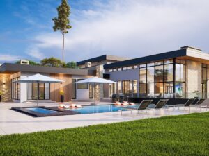 a modern house with a pool and lounge chairs